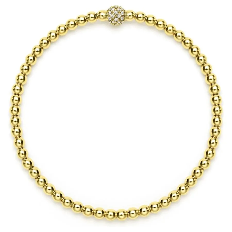 Lagos 18K Caviar Gold Pave Diamond 3mm Ball Stretch Bracelet