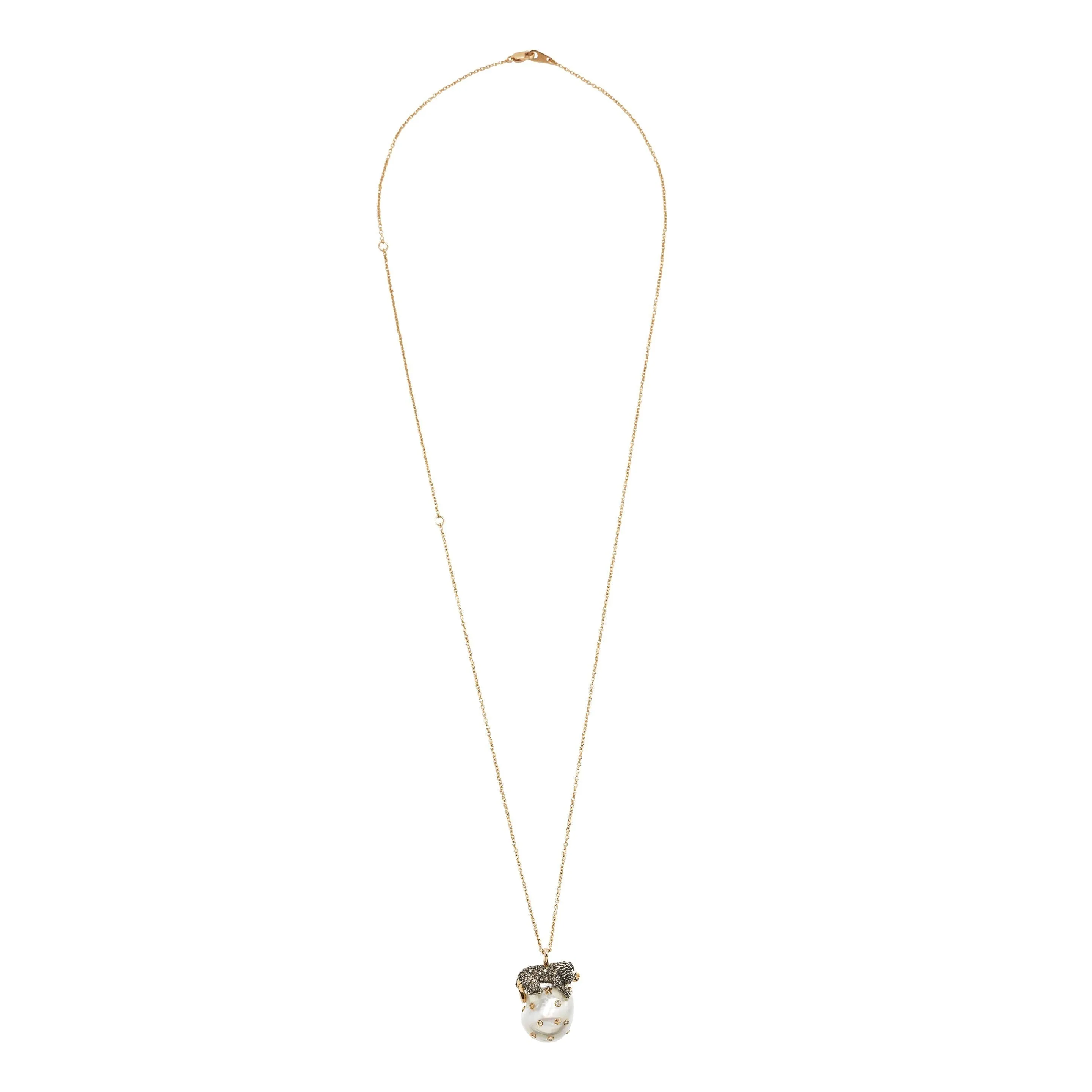 Lion On Pearl Silver & Gold Necklace w. Pearl
