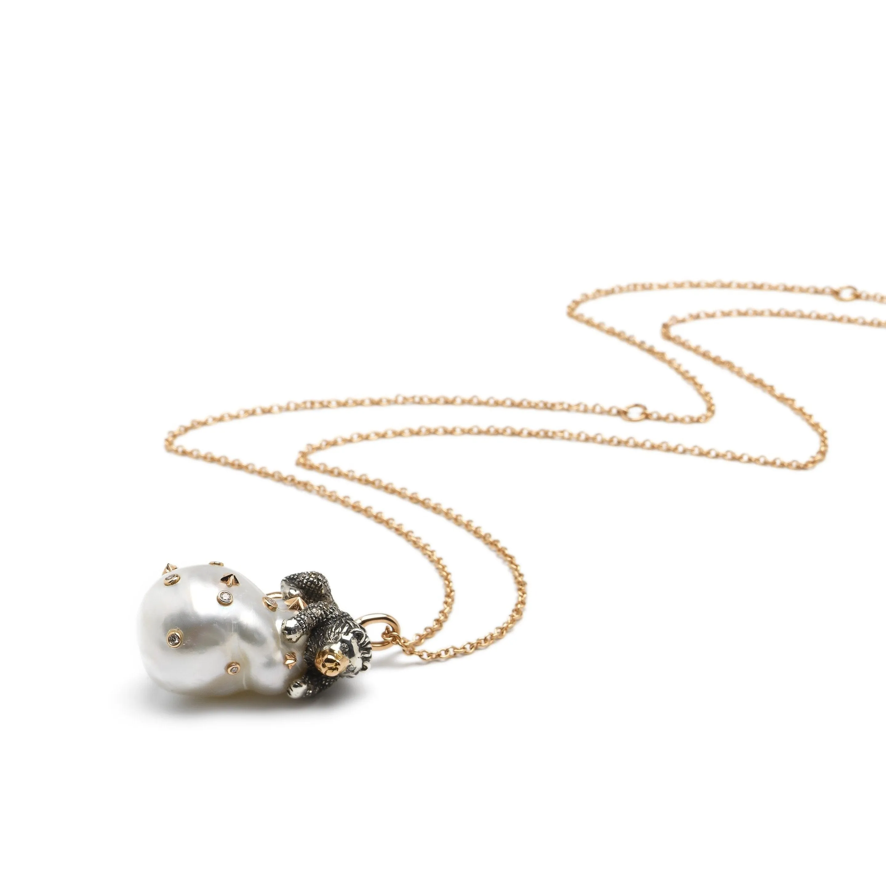 Lion On Pearl Silver & Gold Necklace w. Pearl