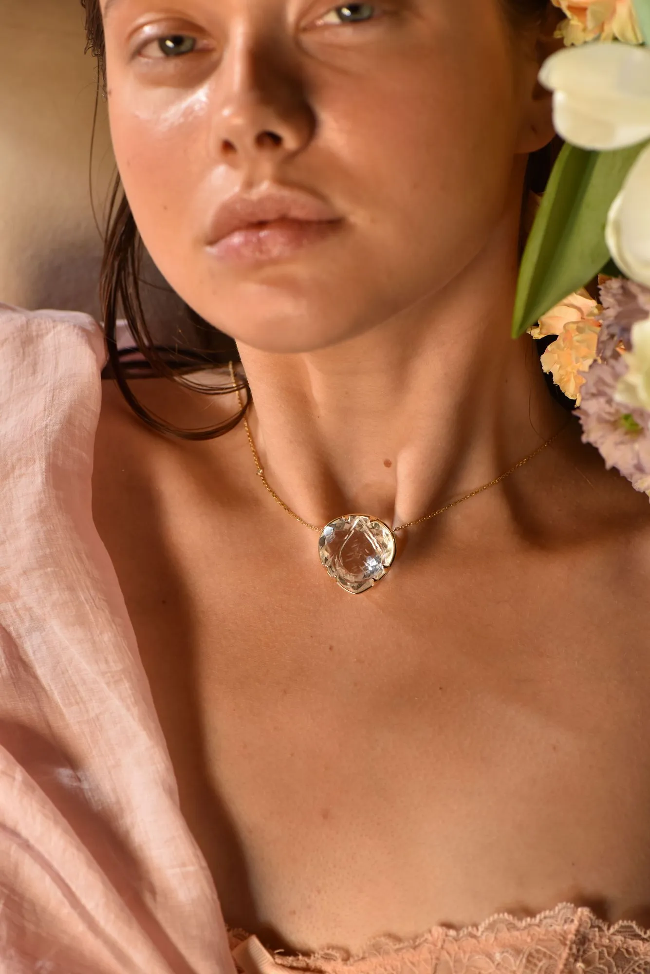 Lotus 18K Gold Necklace w. Diamonds & Crystal Quartz