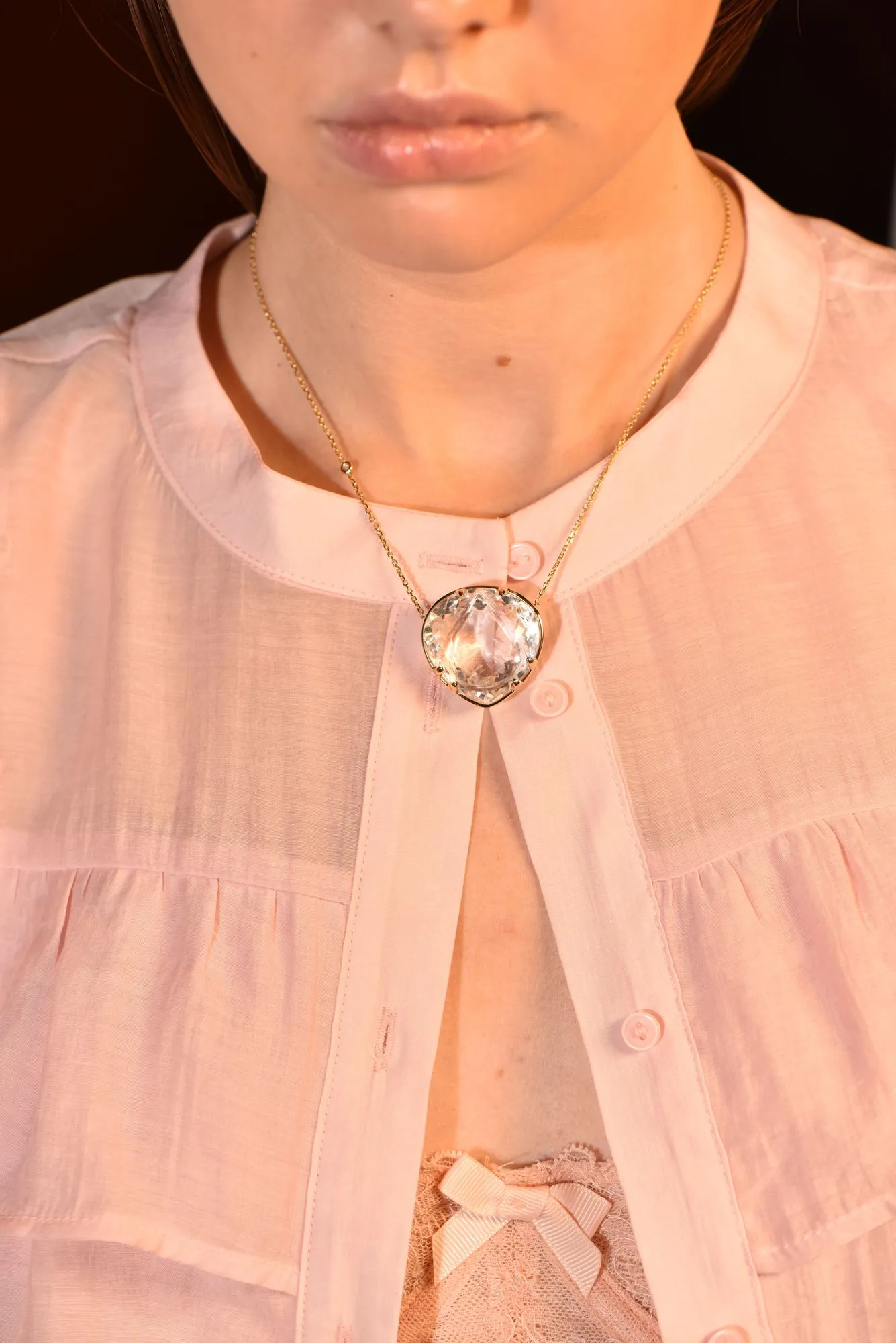 Lotus 18K Gold Necklace w. Diamonds & Crystal Quartz