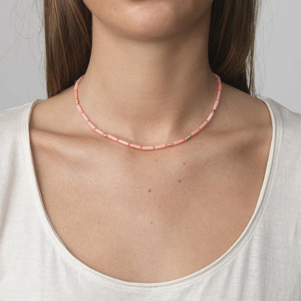 Malibu Pink-a-boo Gold Plated Necklace w. Pink/Rose Beads