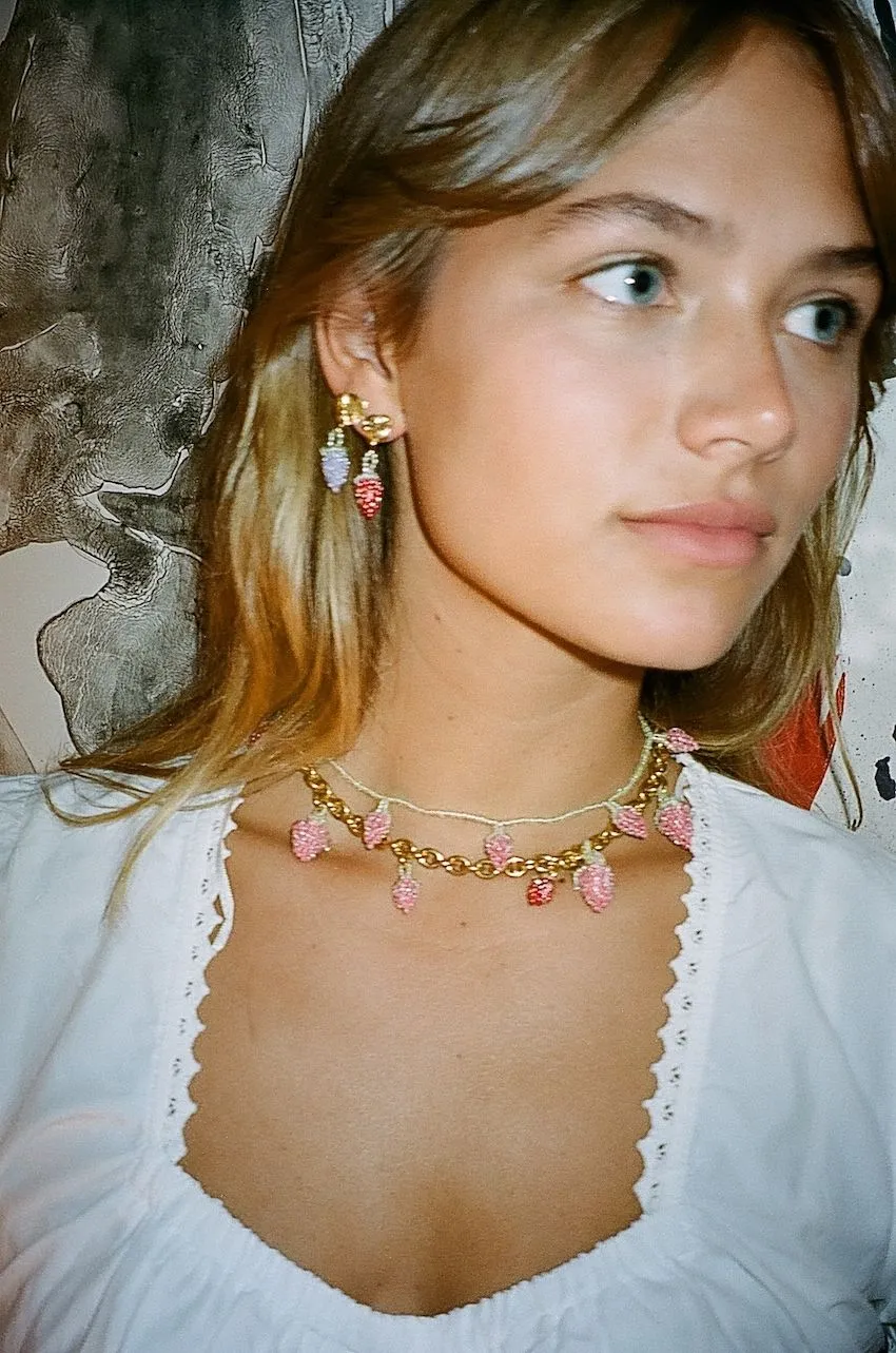 Medium Chunky Strawberry Necklace Gold Plated, Pink and Red Beads