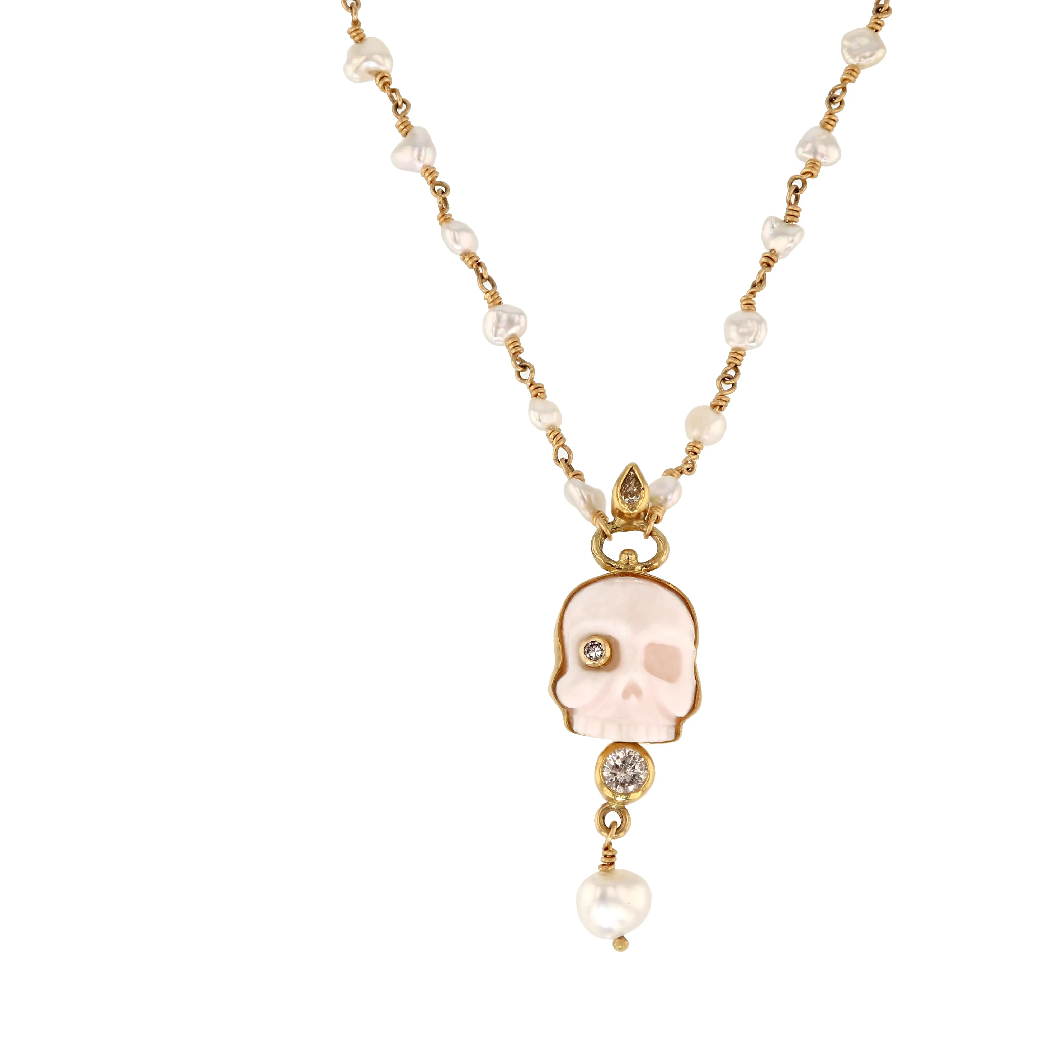 Memento Mori 18K & 22K Gold Necklace w. Diamonds & Pearls