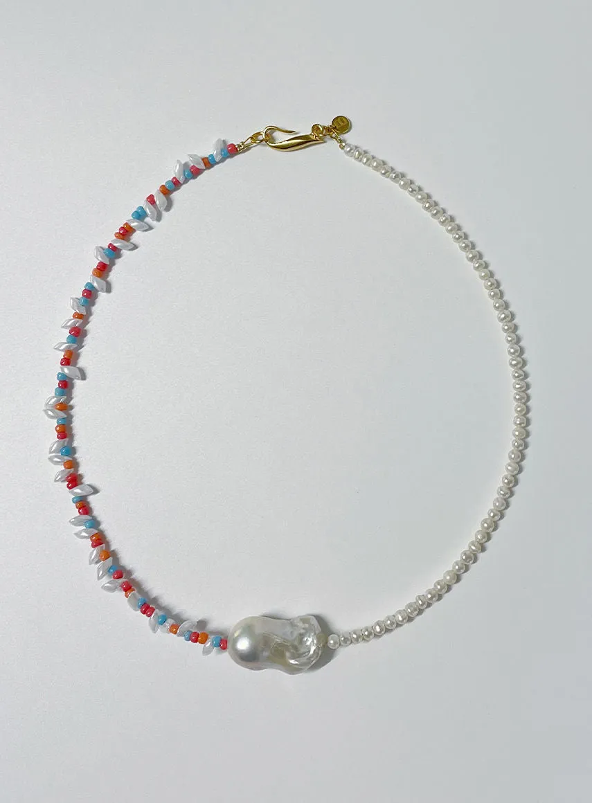 Mixed Baroque Pearl Coral Gold Plated Necklace w. Pearls