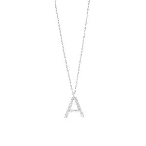 Pave Letter A 18K White Gold Necklace w. Diamonds