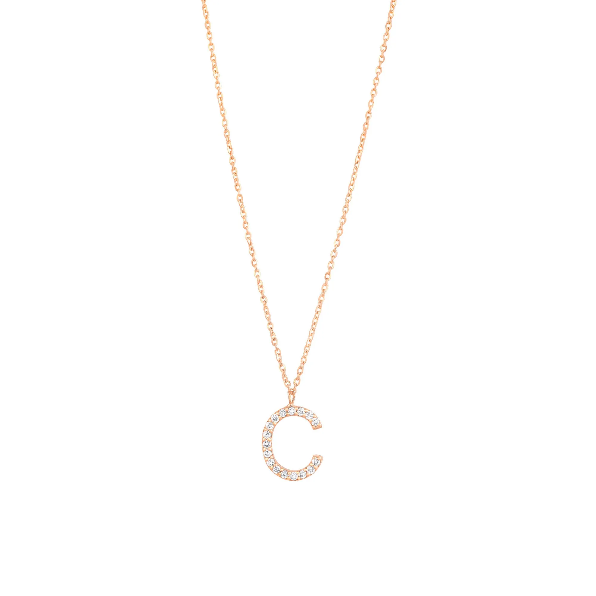 Pave Letter C 18K Rose Gold Necklace w. Diamonds