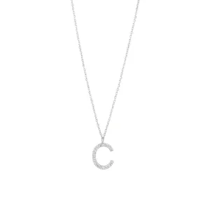 Pave Letter C 18K White Gold Necklace w. Diamonds