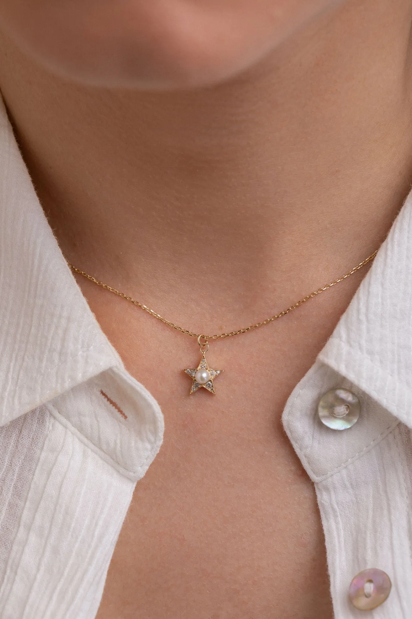 Pearly Diamond Star 14K Gold Necklace w. Diamond & Pearl