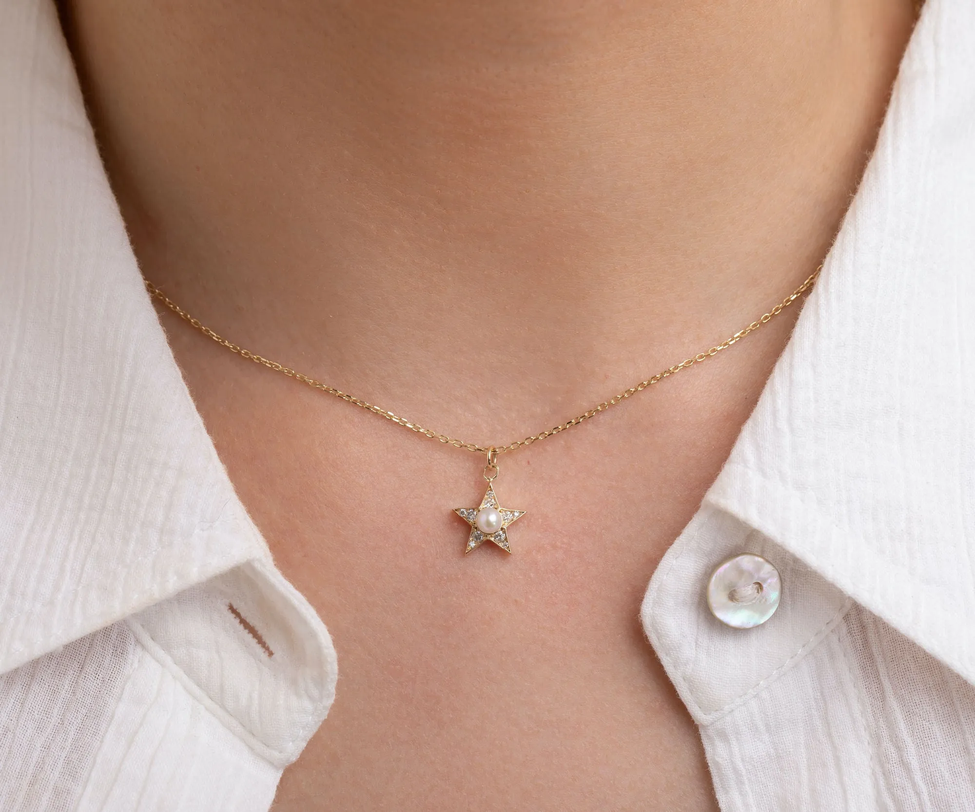 Pearly Diamond Star 14K Gold Necklace w. Diamond & Pearl