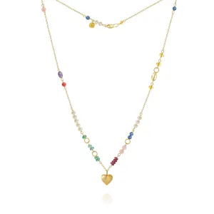 Piccolo Bloom Heart 18K Gold Necklace, 43 cm w. Emerald, Ruby, Quartz, Kyanite, Pearl, Citrin, Coral & Amethyst