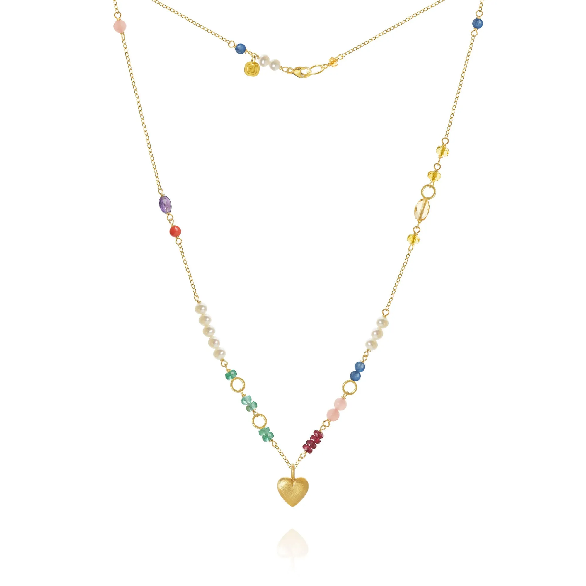 Piccolo Bloom Heart 18K Gold Necklace, 43 cm w. Emerald, Ruby, Quartz, Kyanite, Pearl, Citrin, Coral & Amethyst