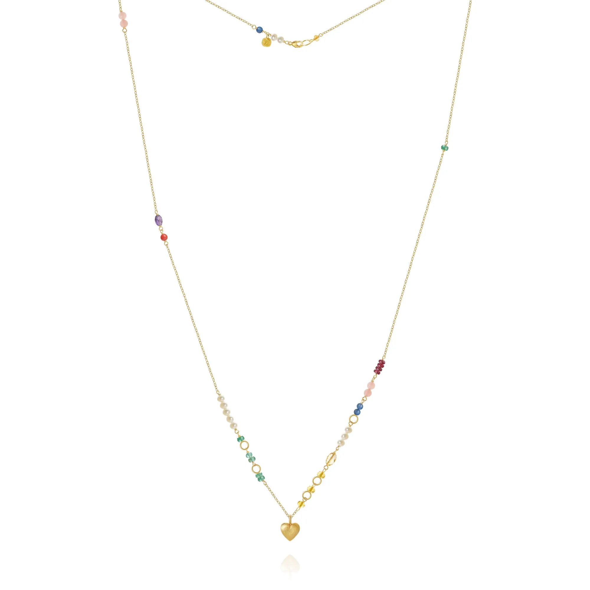 Piccolo Bloom Heart 18K Gold Necklace, 62 cm w. Emerald, Ruby, Quartz, Kyanite, Pearl, Citrin, Coral & Amethyst