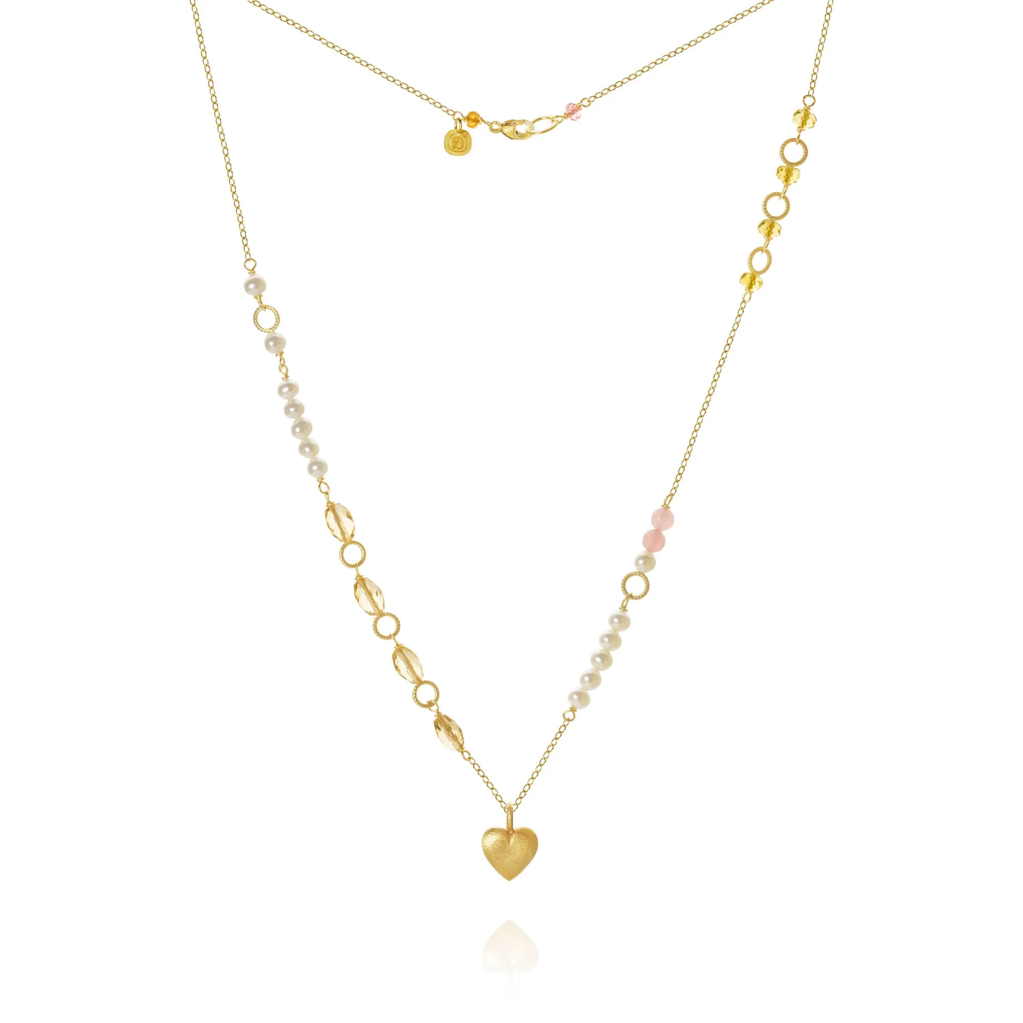 Piccolo Mellow Heart 18K Gold Necklace, 43 cm w. Pearl, Quartz & Sapphire