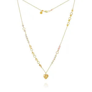 Piccolo Mellow Heart 18K Gold Necklace, 43 cm w. Pearl, Quartz & Sapphire