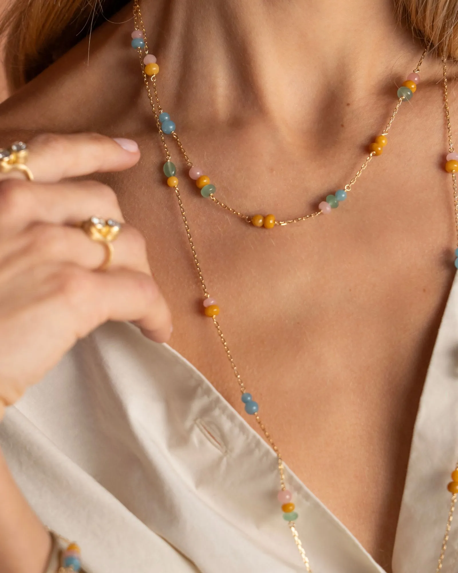 Piccolo Melrose 18K Gold Necklace, 45cm, w. Aventurine & Guava quartz