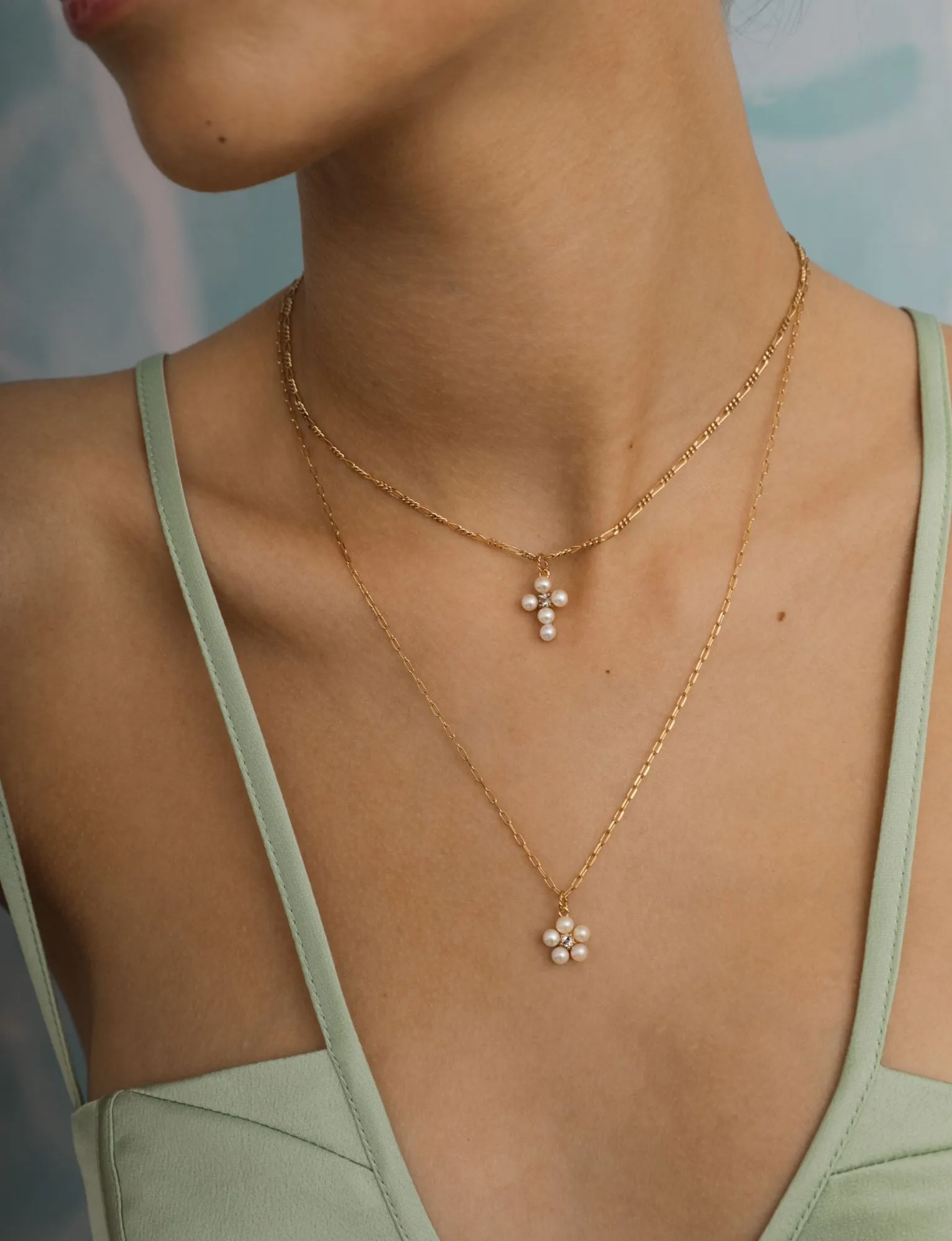 Reef 18K Gold Plated Pendant Cross w. Prasiolite & Pearl