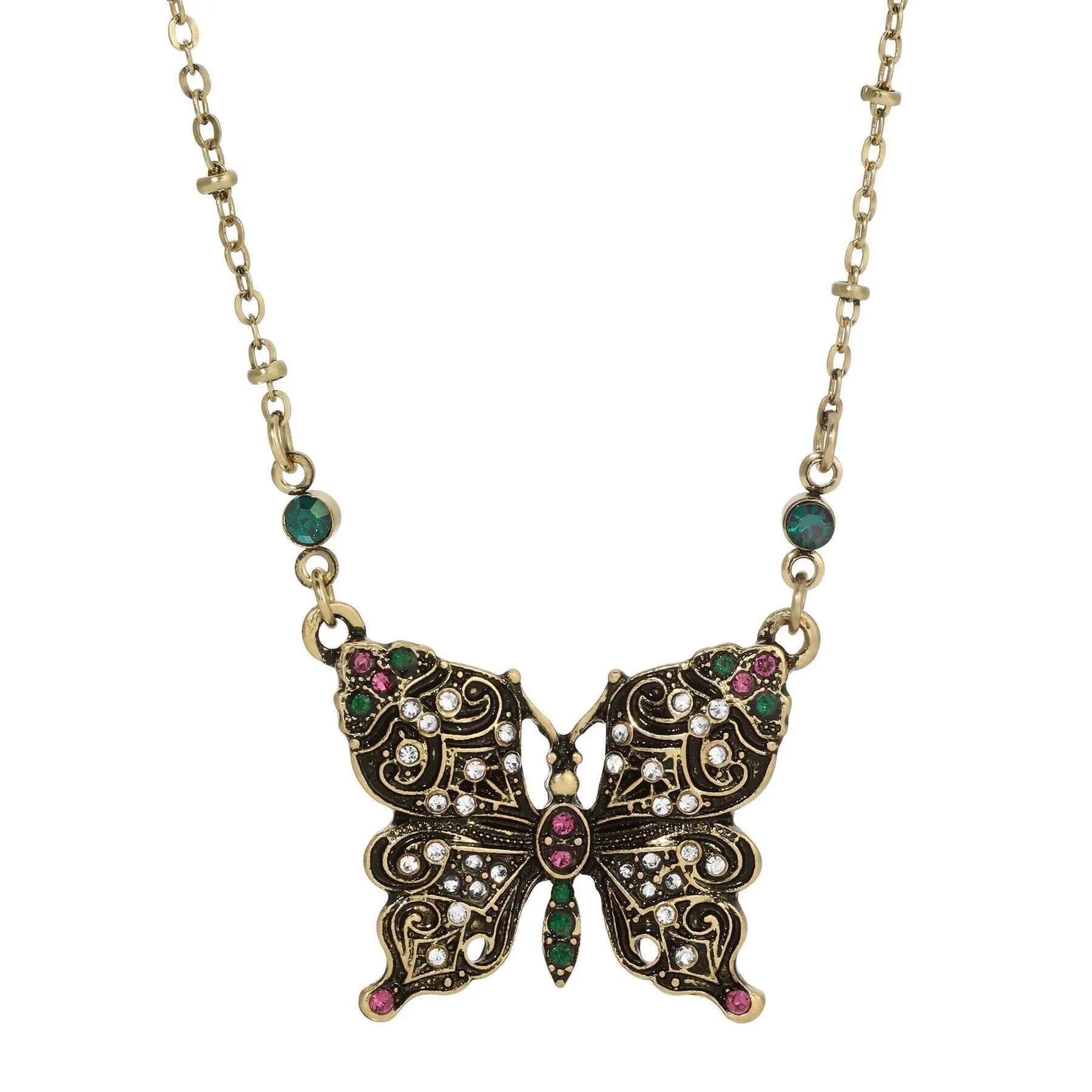 Regency Antiqued Butterfly Multi Color Crystals Pendant Necklace 16"   3" Extension 1928 Jewelry