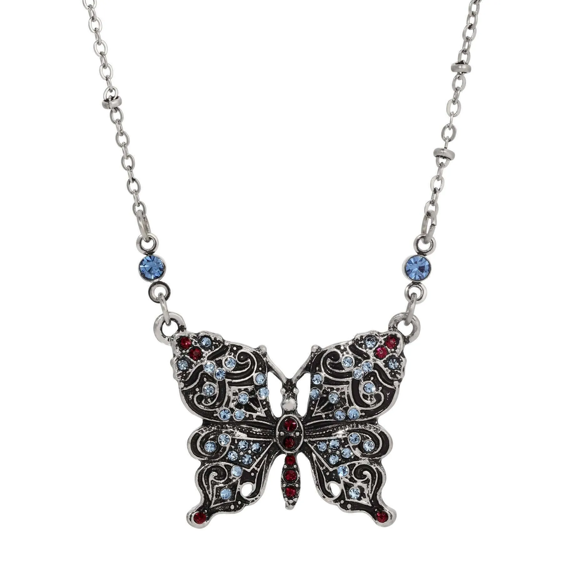 Regency Antiqued Butterfly Multi Color Crystals Pendant Necklace 16"   3" Extension 1928 Jewelry