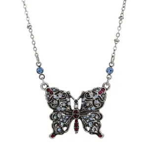 Regency Antiqued Butterfly Multi Color Crystals Pendant Necklace 16"   3" Extension 1928 Jewelry