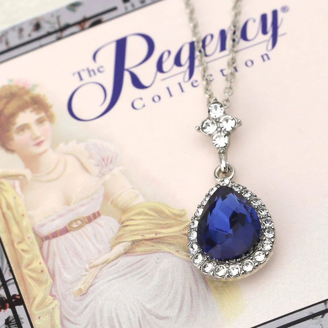 Regency Atlantic Blue Stone Teardrop Crystal Pendant Necklace 16"   3" Extender 1928 Jewelry