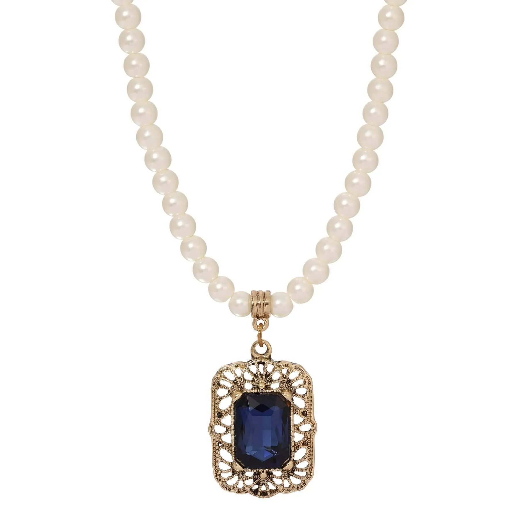 Regency Brontë Filigree Octagon Crystal Pendant 5mm Faux Pearl Strand Necklace 15"   3" Extender 1928 Jewelry