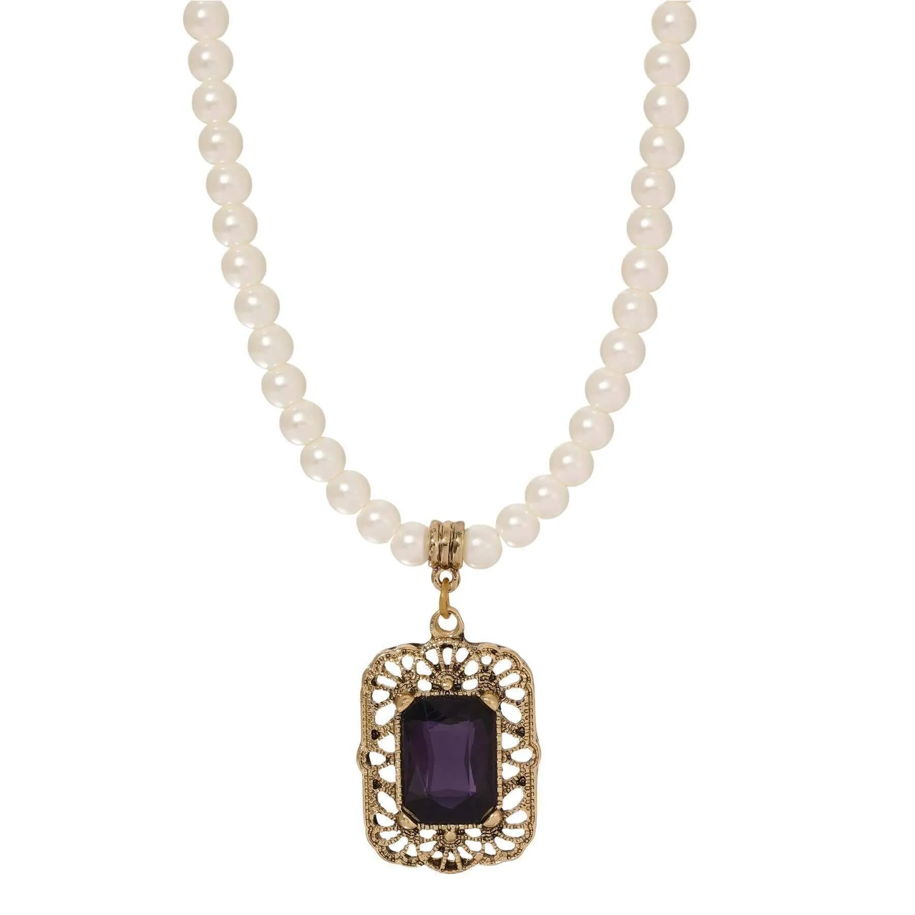 Regency Brontë Filigree Octagon Crystal Pendant 5mm Faux Pearl Strand Necklace 15"   3" Extender 1928 Jewelry