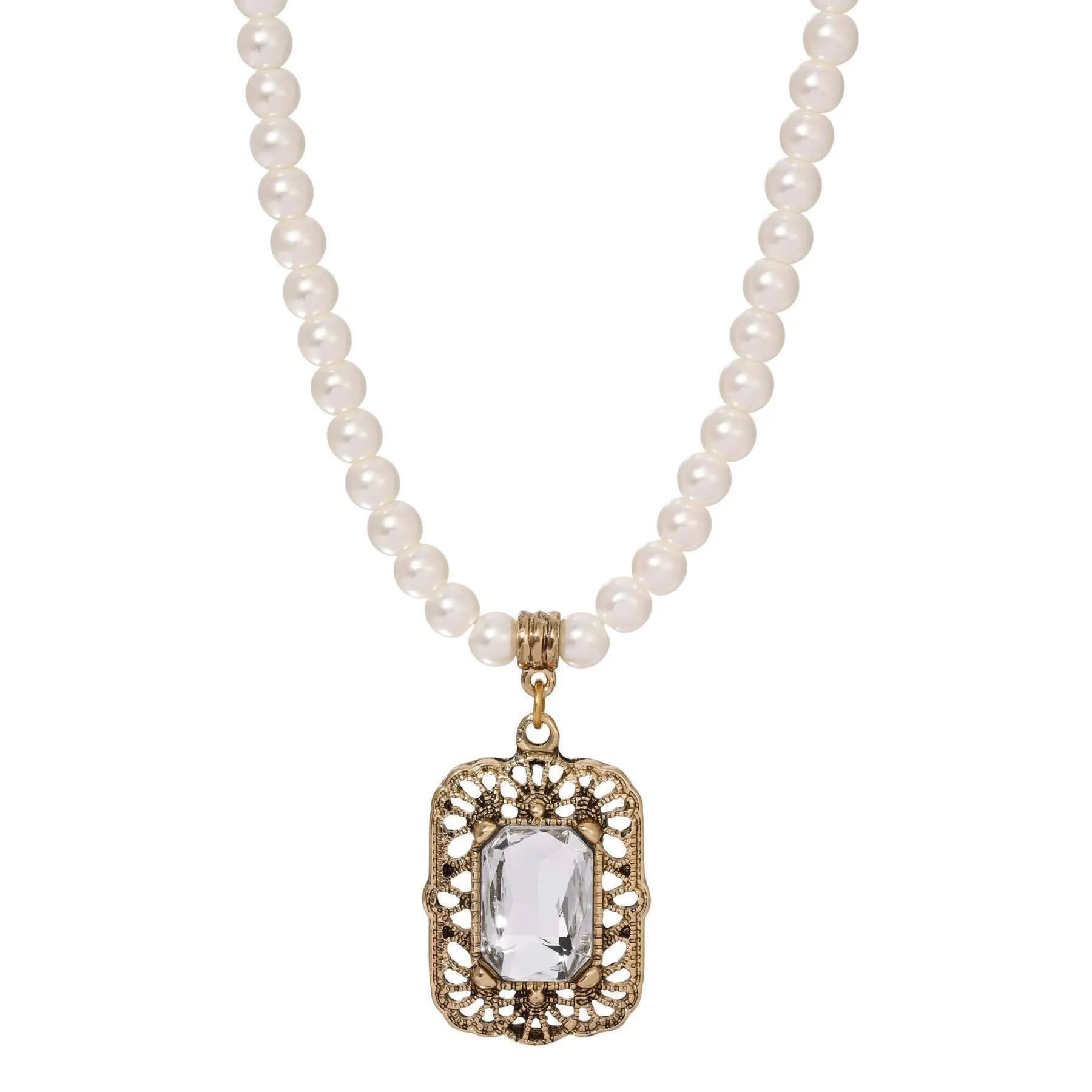Regency Brontë Filigree Octagon Crystal Pendant 5mm Faux Pearl Strand Necklace 15"   3" Extender 1928 Jewelry