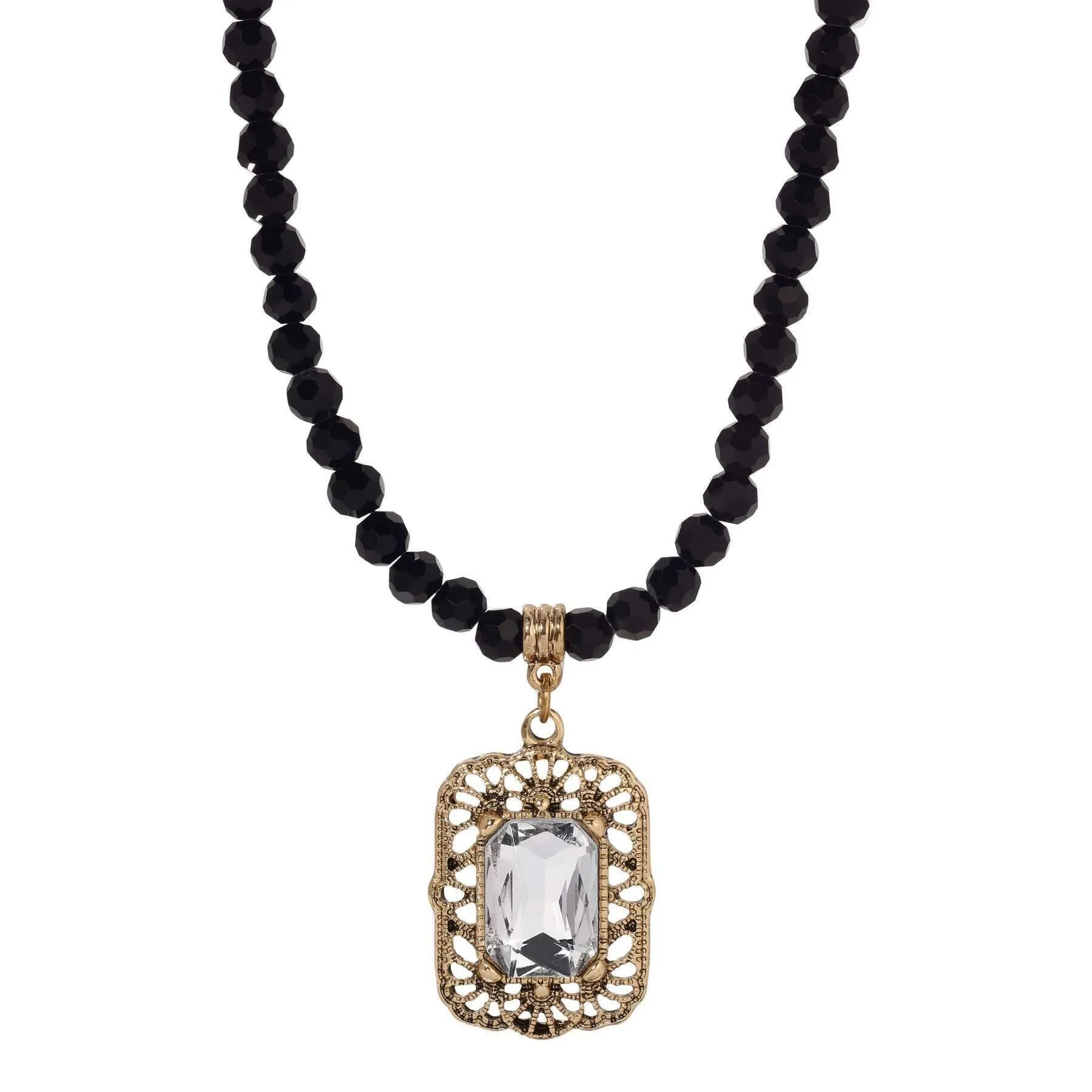 Regency Brontë Filigree Octagon Crystal Pendant Glass Bead Strand Necklace 15"   3" Extender 1928 Jewelry