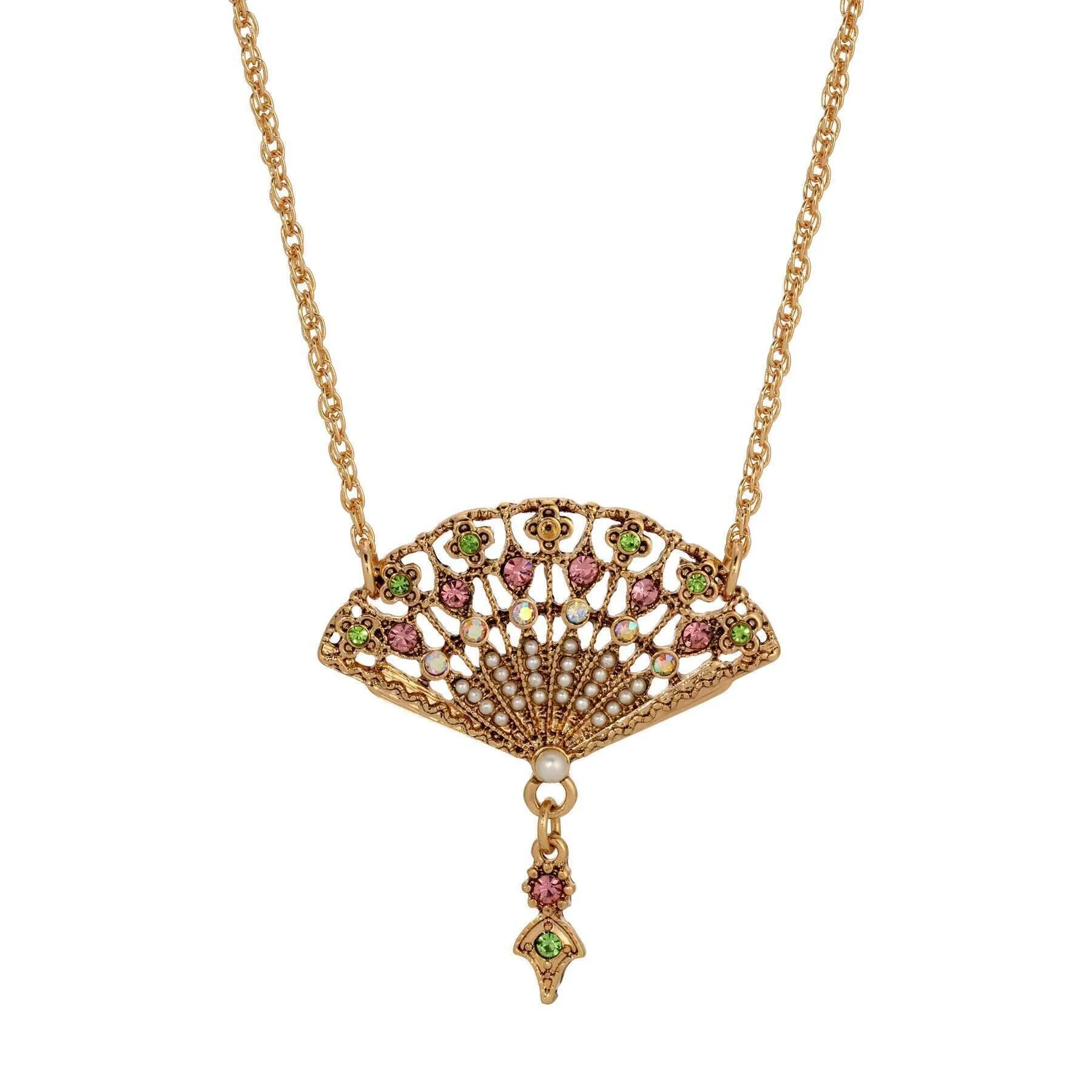 Regency Deco Blooming Elegance Multi Crystal & Faux Pearl Pendant Necklace 16" 1928 Jewelry