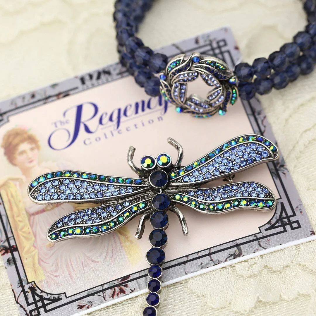 Regency Giovane Iridescent AB Crystal & Blue Stone Dragonfly Brooch 1928 Jewelry