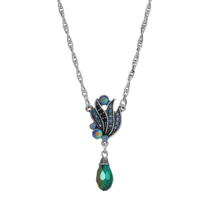 Regency Giovane Iridescent AB Crystal & Blue Stone Drop Necklace 16"   3" Extender 1928 Jewelry