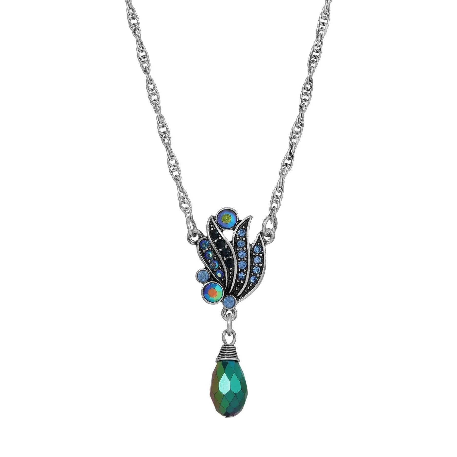 Regency Giovane Iridescent AB Crystal & Blue Stone Drop Necklace 16"   3" Extender 1928 Jewelry