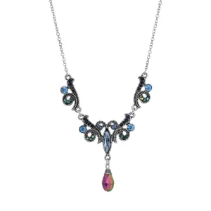 Regency Giovane Iridescent AB Crystal & Blue Stone Drop Pendant Necklace 16"   3" Extender 1928 Jewelry