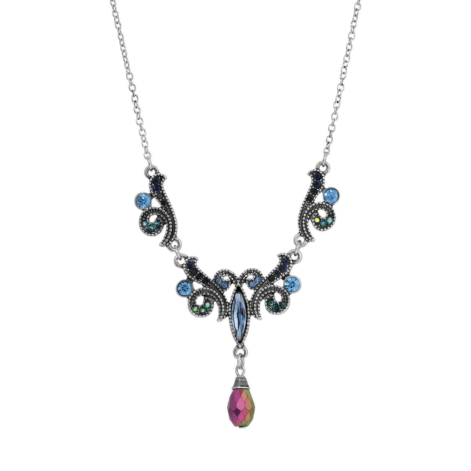 Regency Giovane Iridescent AB Crystal & Blue Stone Drop Pendant Necklace 16"   3" Extender 1928 Jewelry