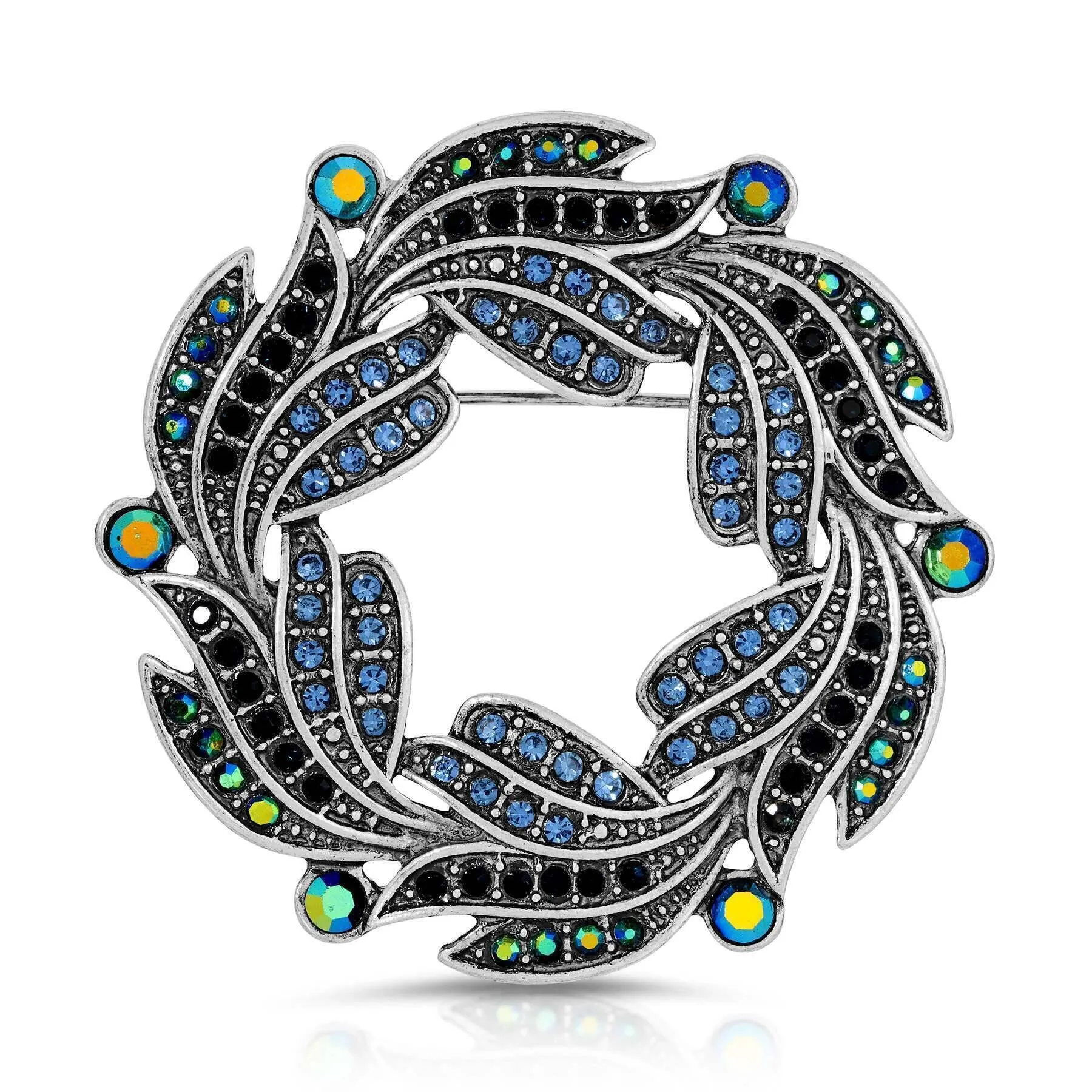 Regency Giovane Iridescent AB Crystal & Blue Stone Wreath Brooch 1928 Jewelry
