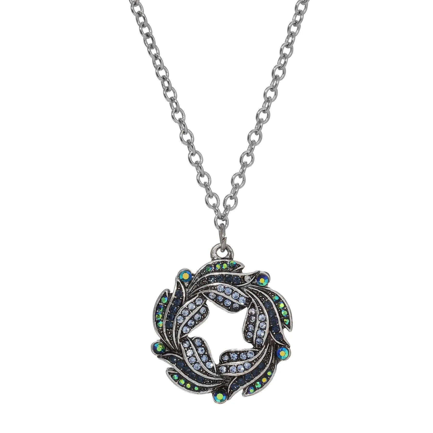 Regency Giovane Iridescent AB Crystal  & Blue Stone Wreath Pendant Necklace 16"   3" Extender 1928 Jewelry