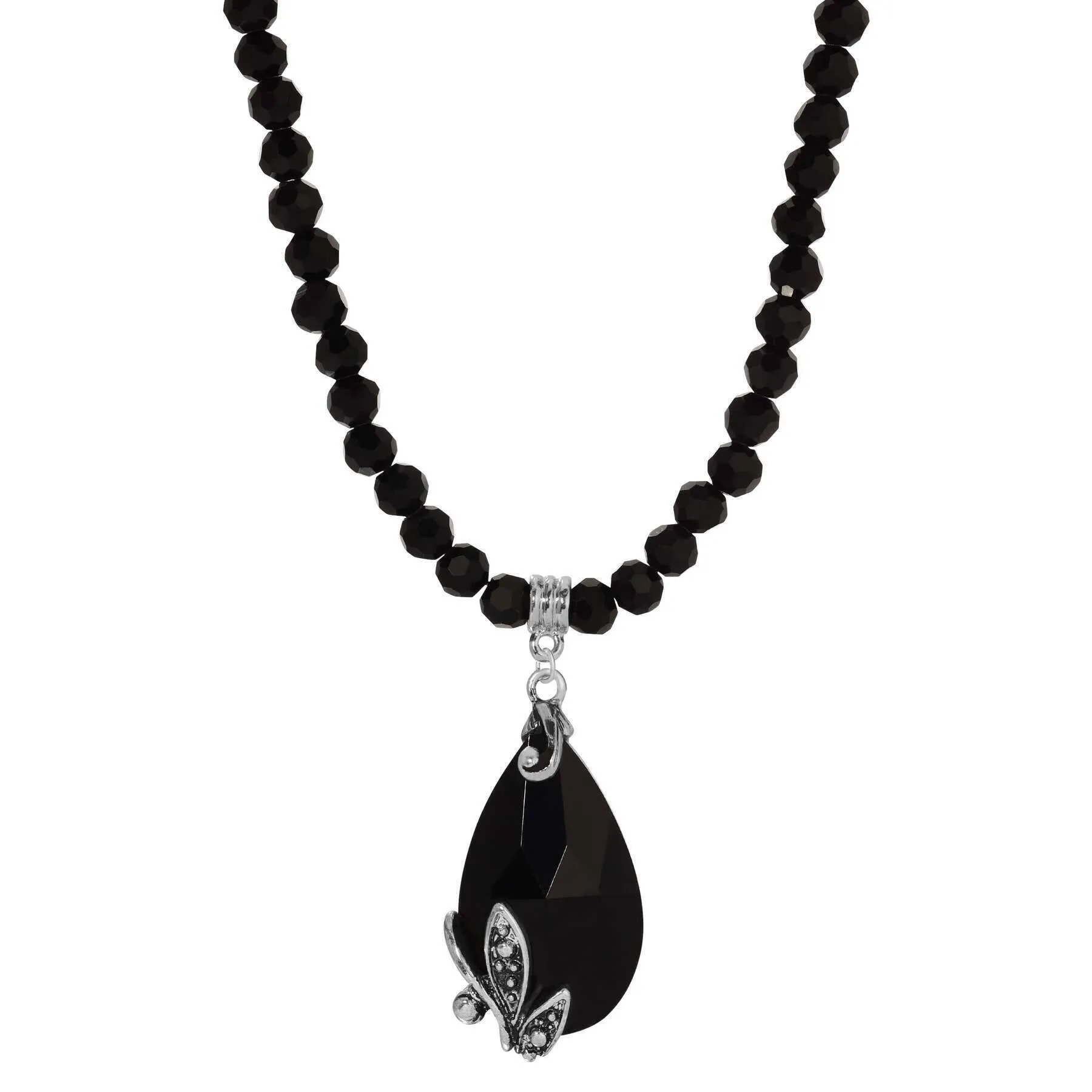 Regency Regal Jet Black Teardrop Crystal Pendant Glass Bead Strand Necklace 15"   3" Extender 1928 Jewelry