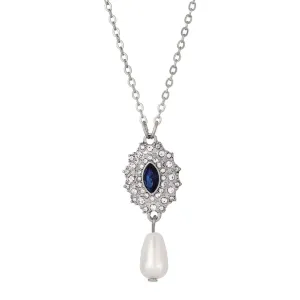 Regency Starburst Crystal Faux Pearl Drop Pendant Necklace 16"   3" Extender 1928 Jewelry