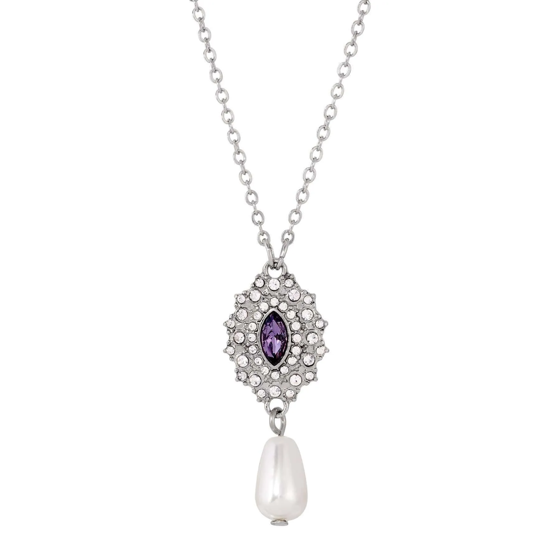 Regency Starburst Crystal Faux Pearl Drop Pendant Necklace 16"   3" Extender 1928 Jewelry