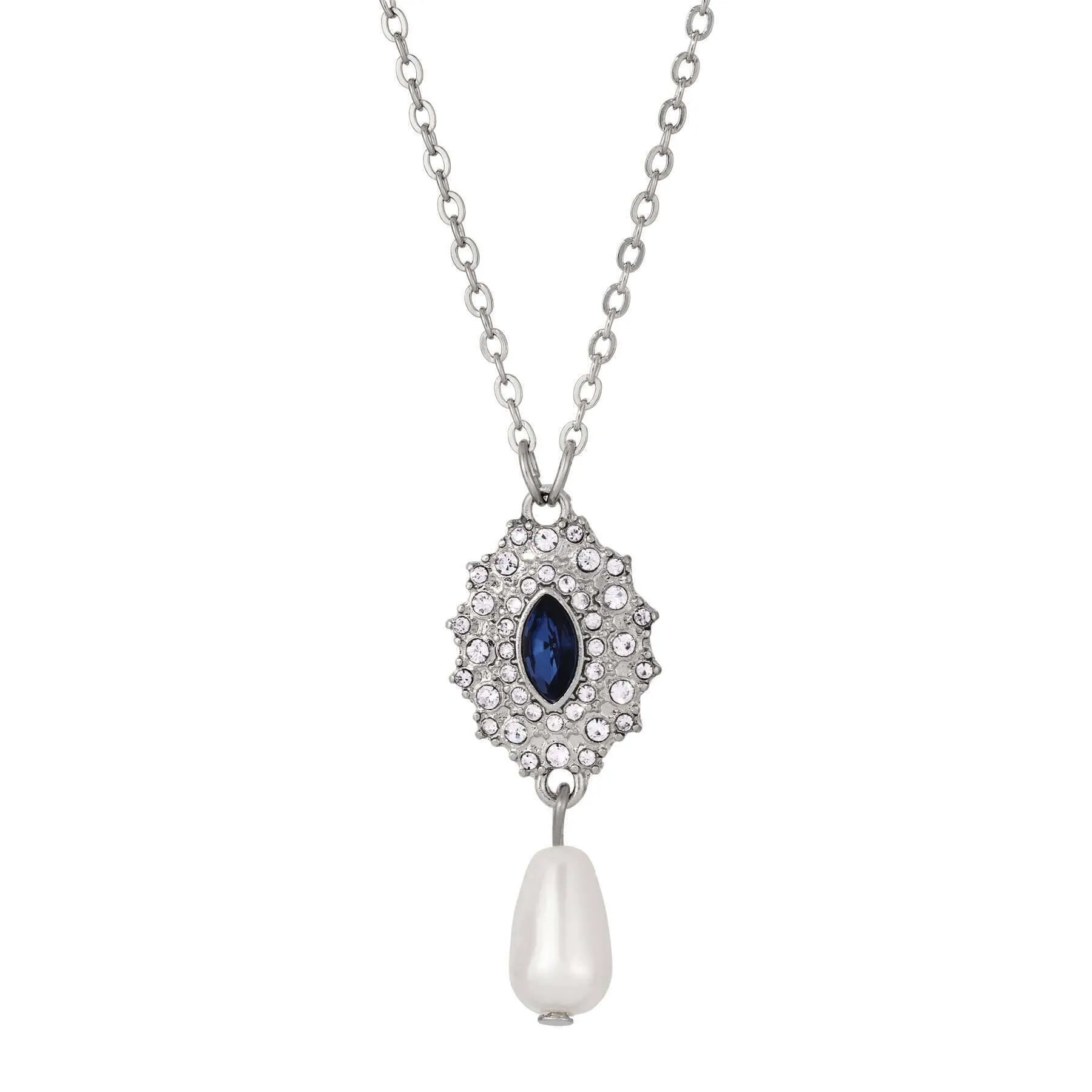 Regency Starburst Crystal Faux Pearl Drop Pendant Necklace 16"   3" Extender 1928 Jewelry