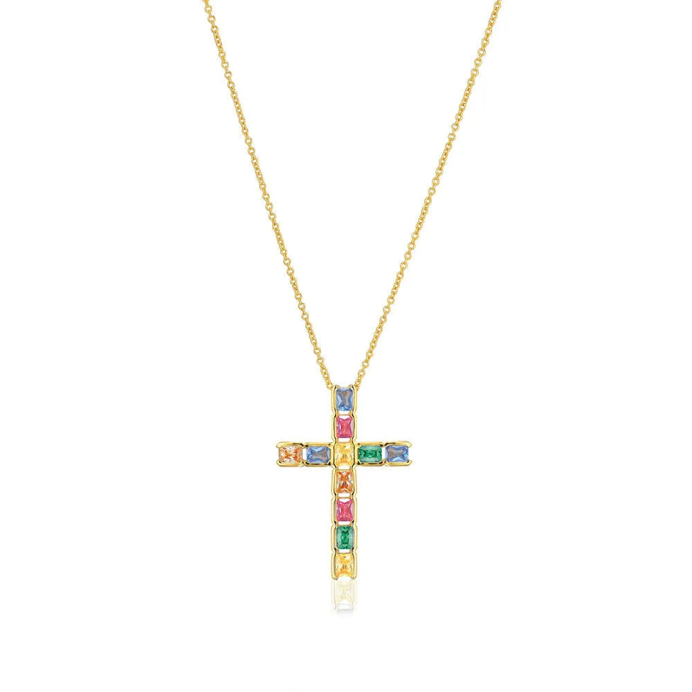 Roccanova Croce 18K Gold Plated Necklace w. Colored Zirconias