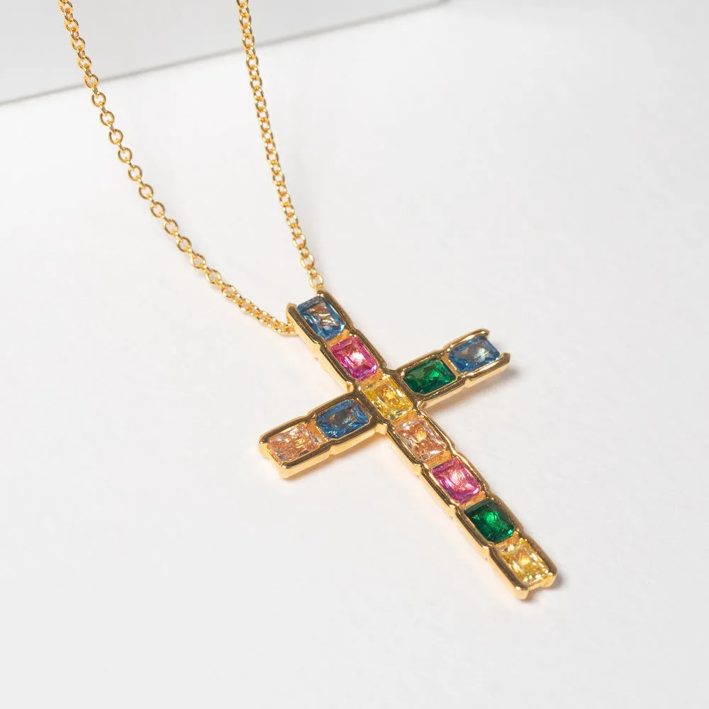 Roccanova Croce 18K Gold Plated Necklace w. Colored Zirconias