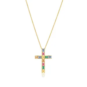 Roccanova Croce 18K Gold Plated Necklace w. Colored Zirconias
