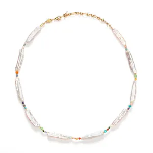 Rock & Sea Gold Plated Necklace w. White Beads & Gemstones