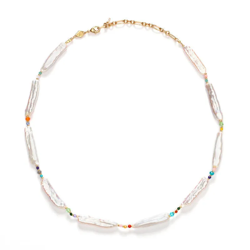 Rock & Sea Gold Plated Necklace w. White Beads & Gemstones