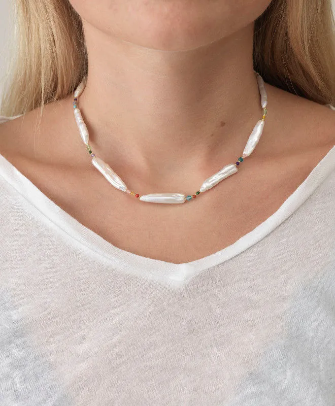 Rock & Sea Gold Plated Necklace w. White Beads & Gemstones