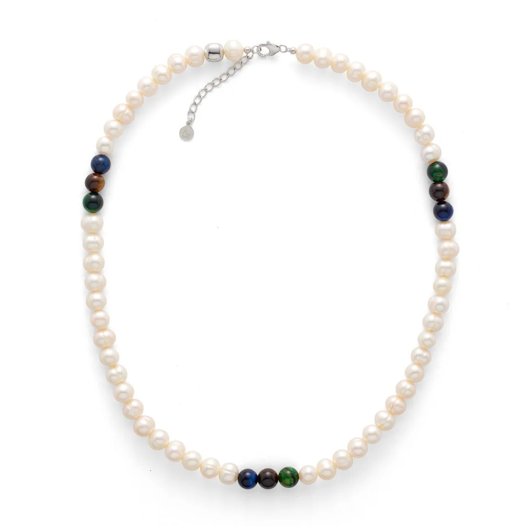 Silver Necklace w. Pearls & Green Tiger's Eye