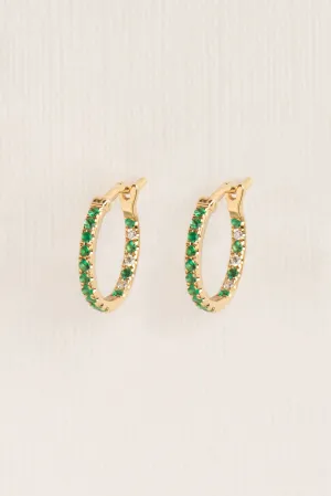 Small 18K Gold Hoops w. Emerald & Diamonds