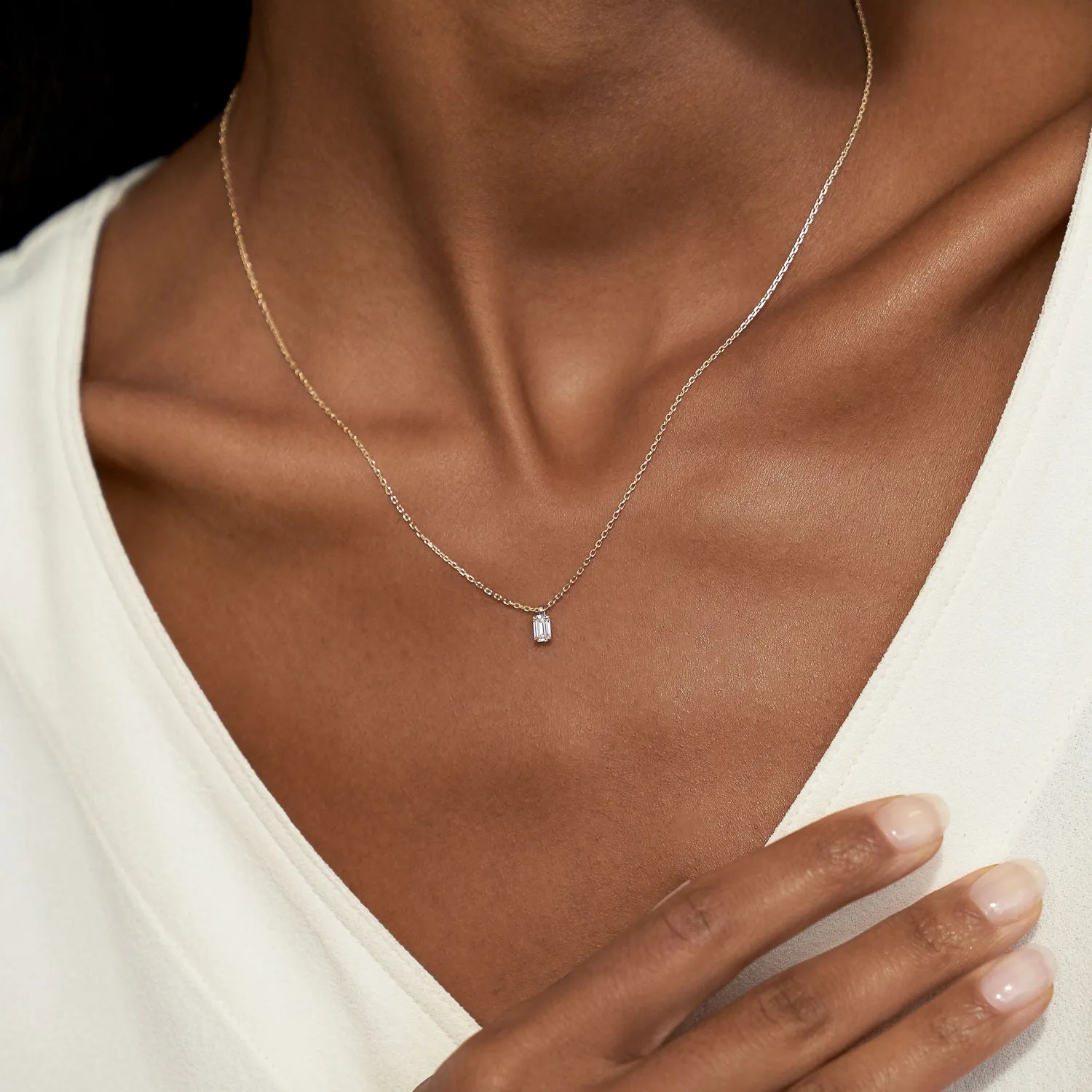 Solitaire Emerald 14K Rosegold Necklace w. Lab-Grown Diamond